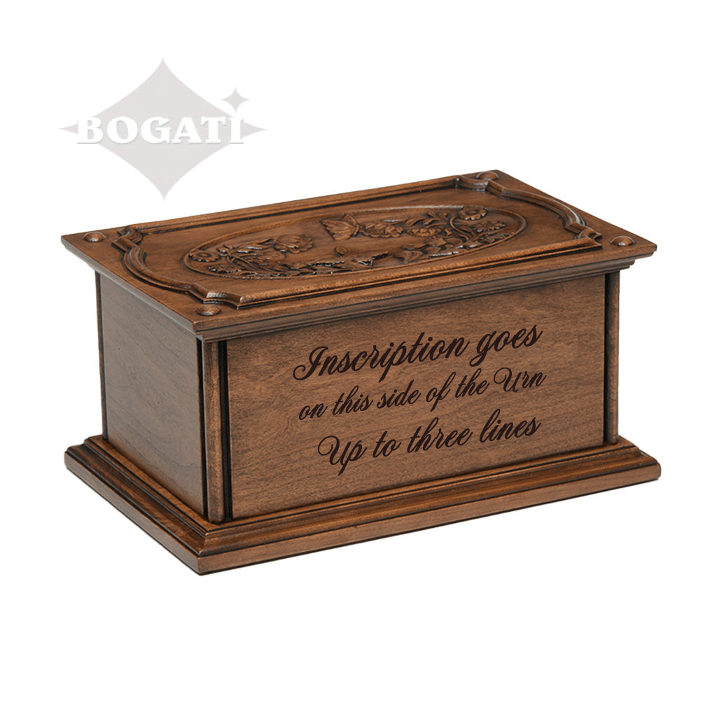 ADULT - Cherry Wood Handmade Carved Urn with Flowers & Butterflies