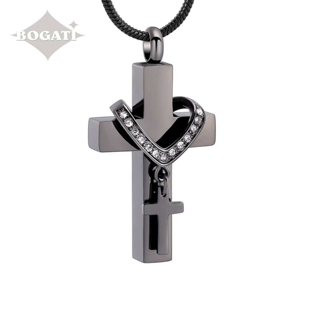 J-010 - Collar Cross with Rhinestones - Pendant with Chain - Black