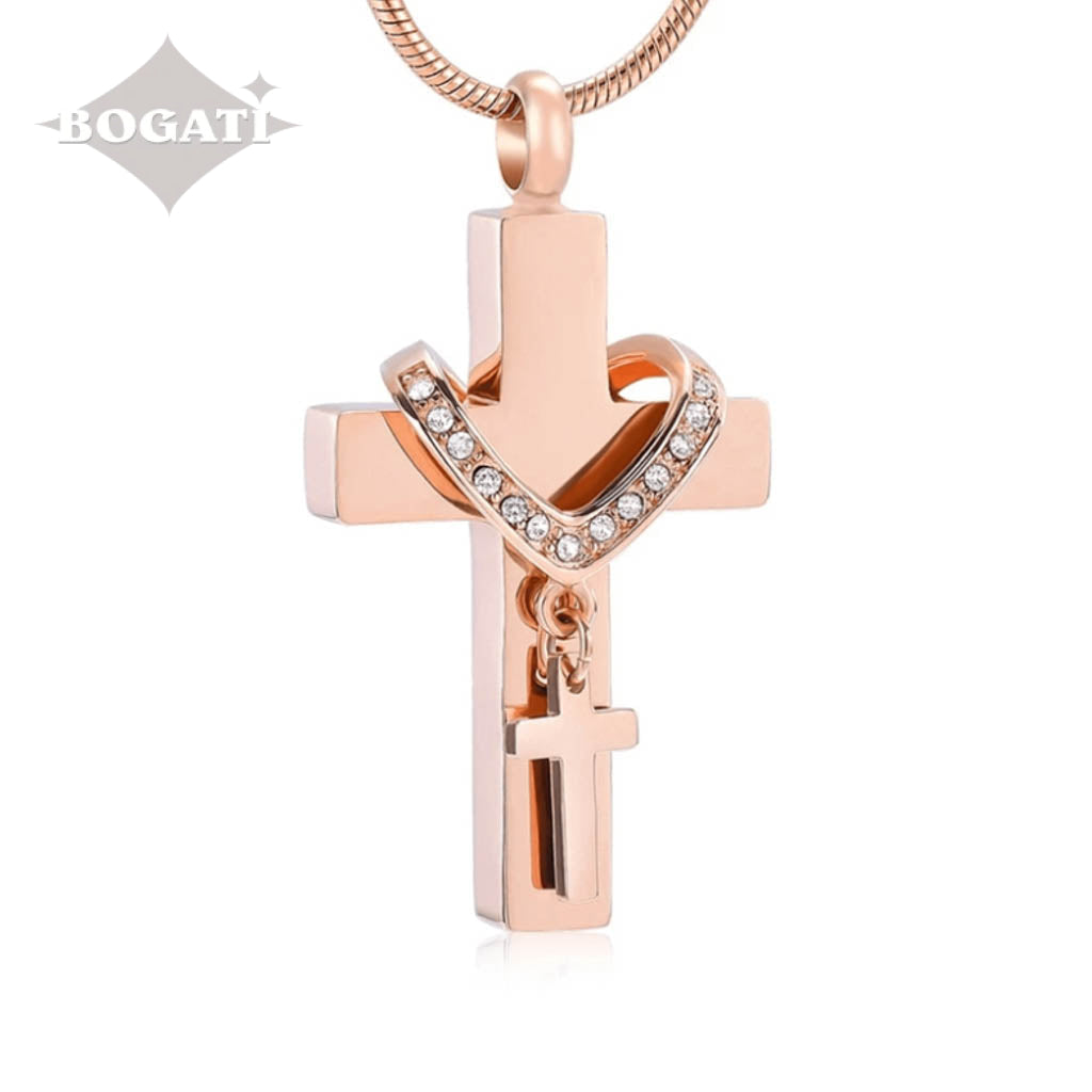 J-010 - Collar Cross with Rhinestones - Pendant with Chain - Rose Gold