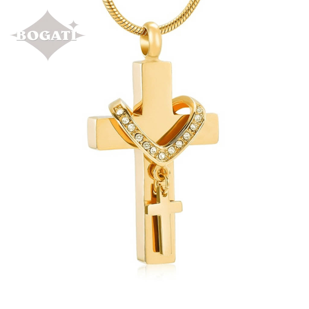 J-010 - Collar Cross with Rhinestones - Pendant with Chain - Gold