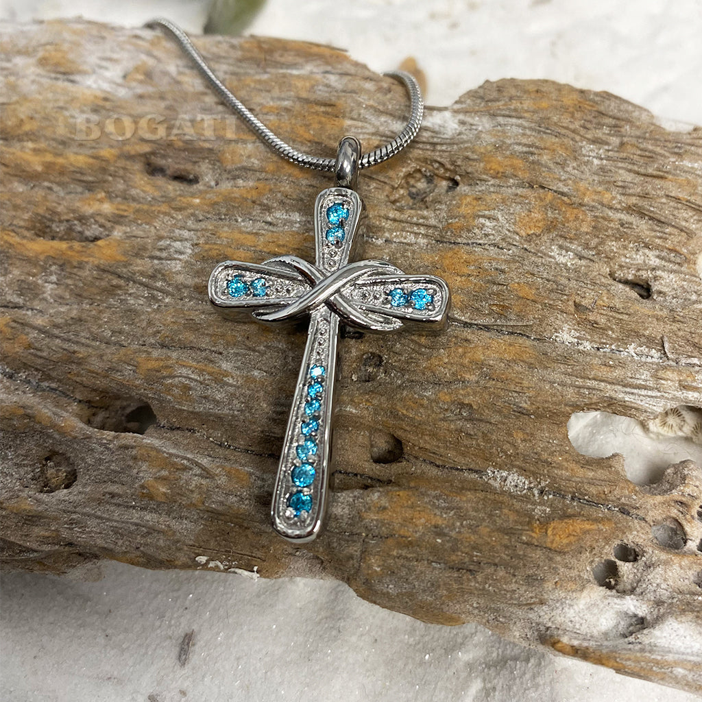 J-014 Infinity Cross with Blue Rhinestones - Pendant with Chain