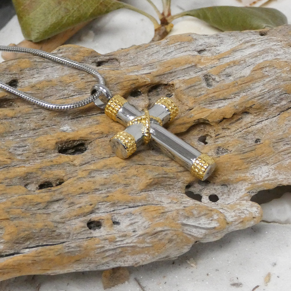 J-044 Silver Cross with Golden Rope