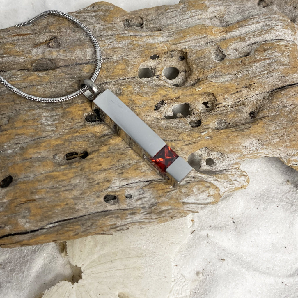 J-083 JANUARY Silver-tone Bar with simulated Garnet - Pendant with Chain