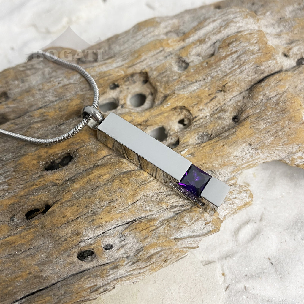 J-083 Silver-tone Bar with Birthstone simulated Gem - Pendant with Chain