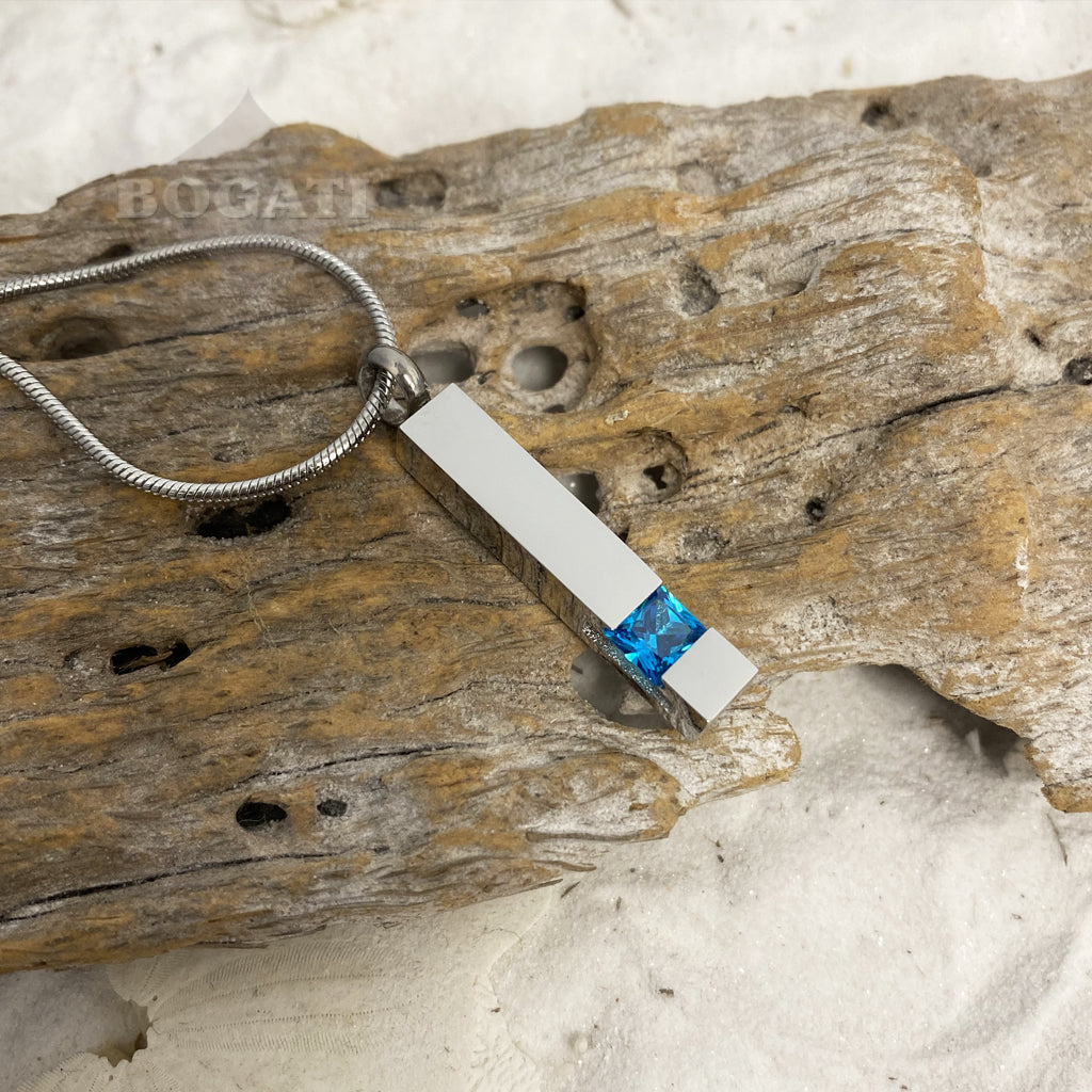 J-083 Silver-tone Bar with Birthstone simulated Gem - Pendant with Chain
