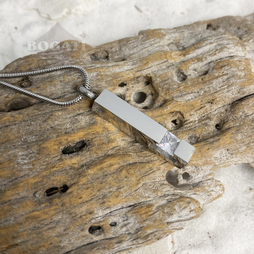 J-083 Silver-tone Bar with Birthstone simulated Gem - Pendant with Chain