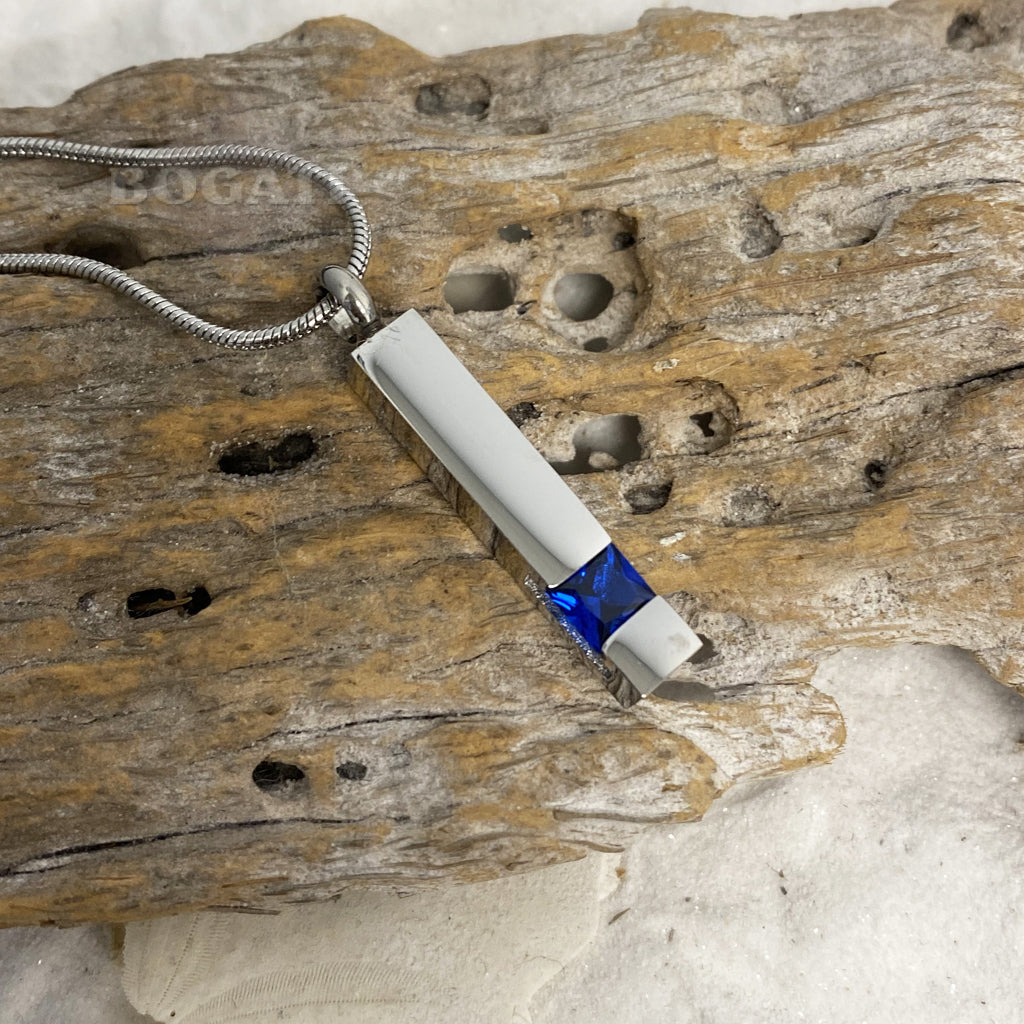 J-083 Silver-tone Bar with Birthstone simulated Gem - Pendant with Chain