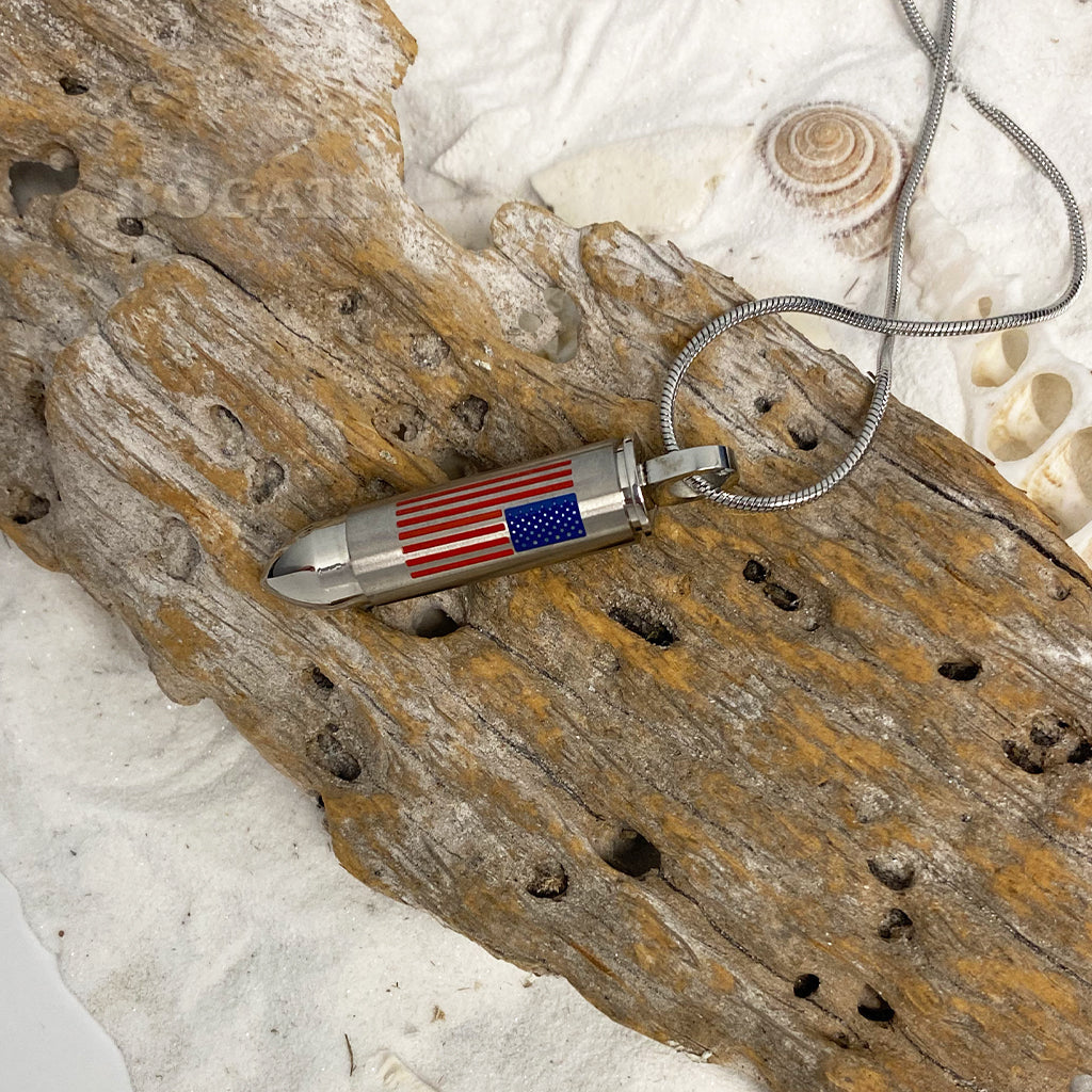 J-1036 - American Flag Bullet - Silver-tone - Pendant with Chain