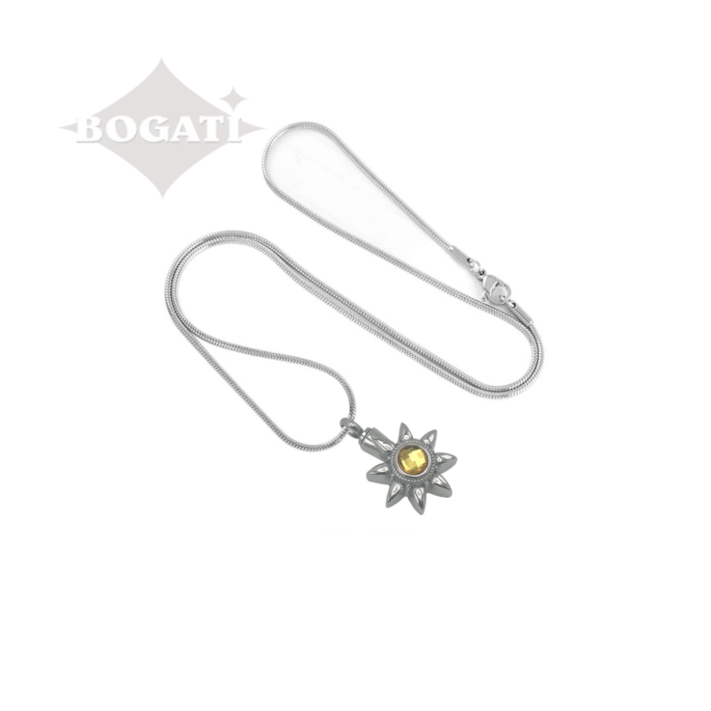 J-128 - Summer Sun with Yellow Stone - Silver-tone - Pendant with Chain