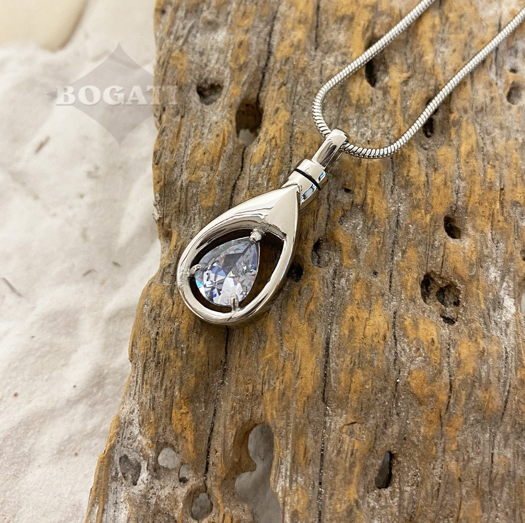 APRIL Silver-tone Teardrop with simulated Garnet - Memorial Pendant