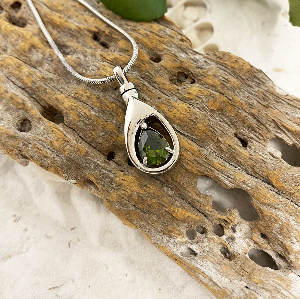 AUGUST Silver-tone Teardrop with simulated Garnet - Memorial Pendant