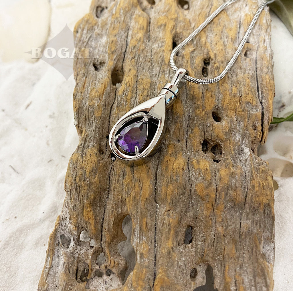 FEBRUARY Silver-tone Teardrop with simulated Garnet - Memorial Pendant
