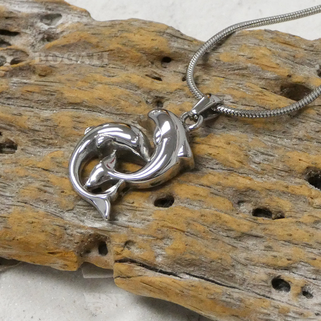 J-161 - Two Swimming Dolphins - Pendant with Chain