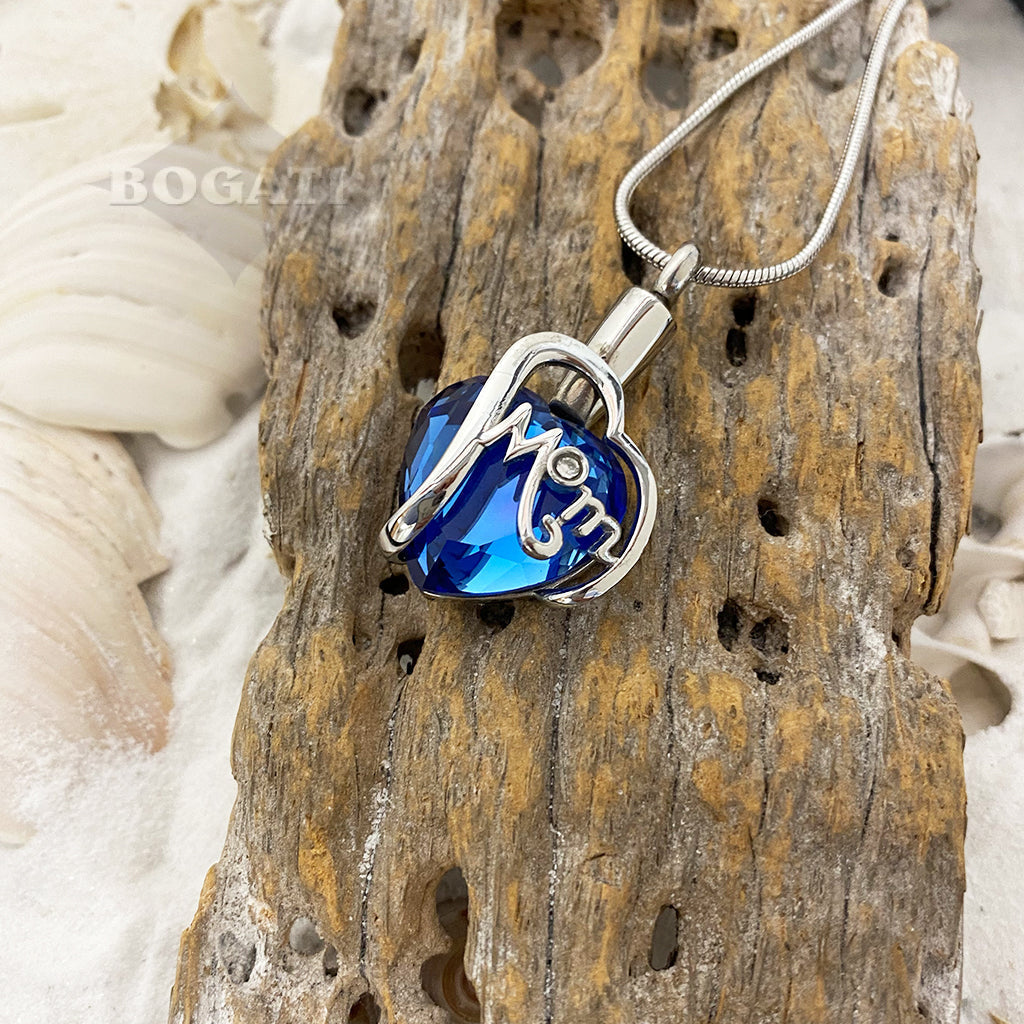 J- 1927 - Blue Crystal Heart -Mom or Dad- Pendant with Chain