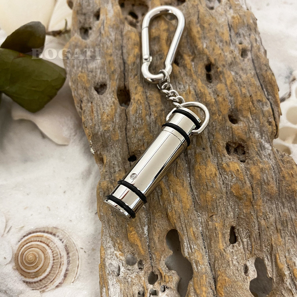 J-200 - Cylinder with Black Bands - Silver-tone - Keychain
