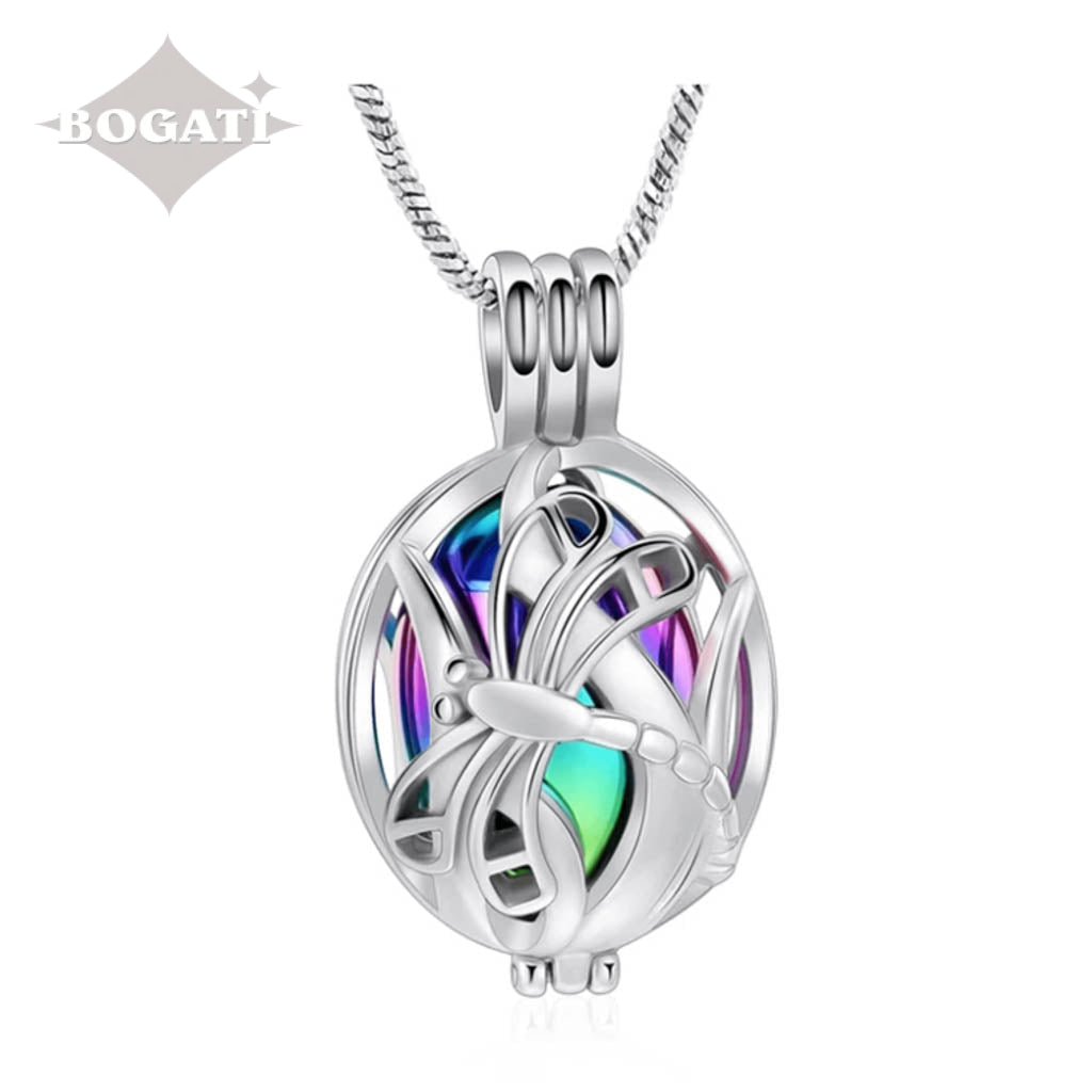 J-2050 Dragonfly Locket with Gold Insert - Rainbow Colors- Pendant with Chain