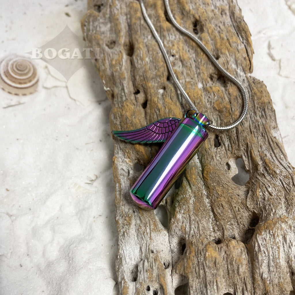 CLEARANCE - J-207 Rainbow Cylinder with Wing - Pendant with Chain