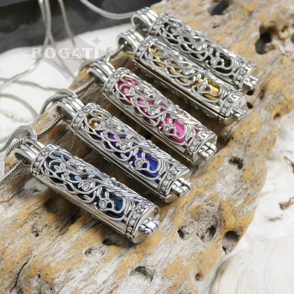 J-2070 - Ornate Cylinder Vines And Flowers Pendant With Chain