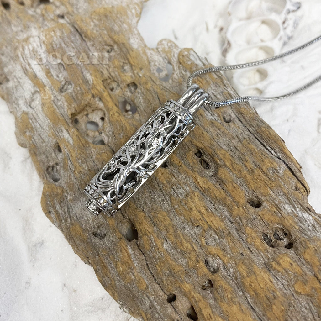 J-2070 - Ornate Cylinder Vines And Flowers Pendant With Chain