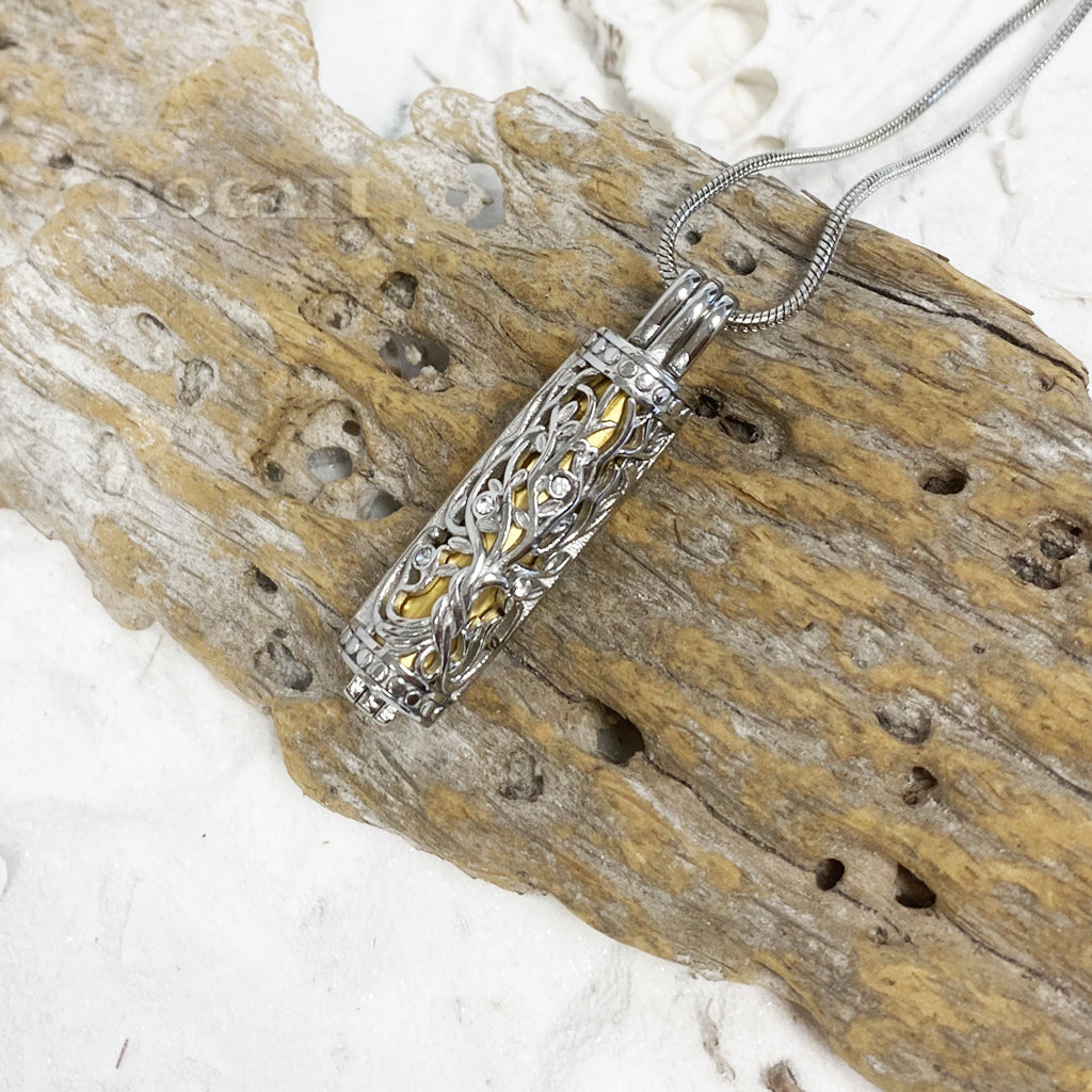J-2070 - Ornate Cylinder Vines And Flowers Pendant With Chain