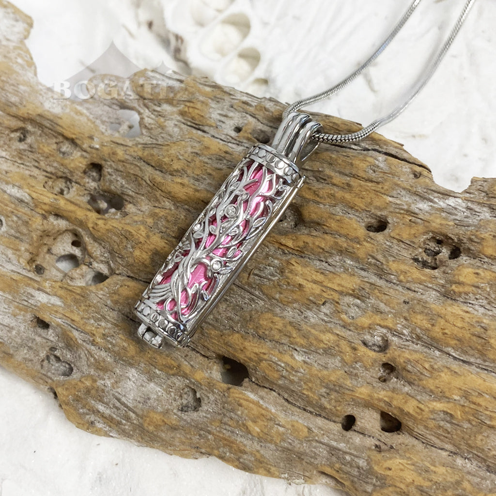 J-2070 - Ornate Cylinder Vines And Flowers Pendant With Chain