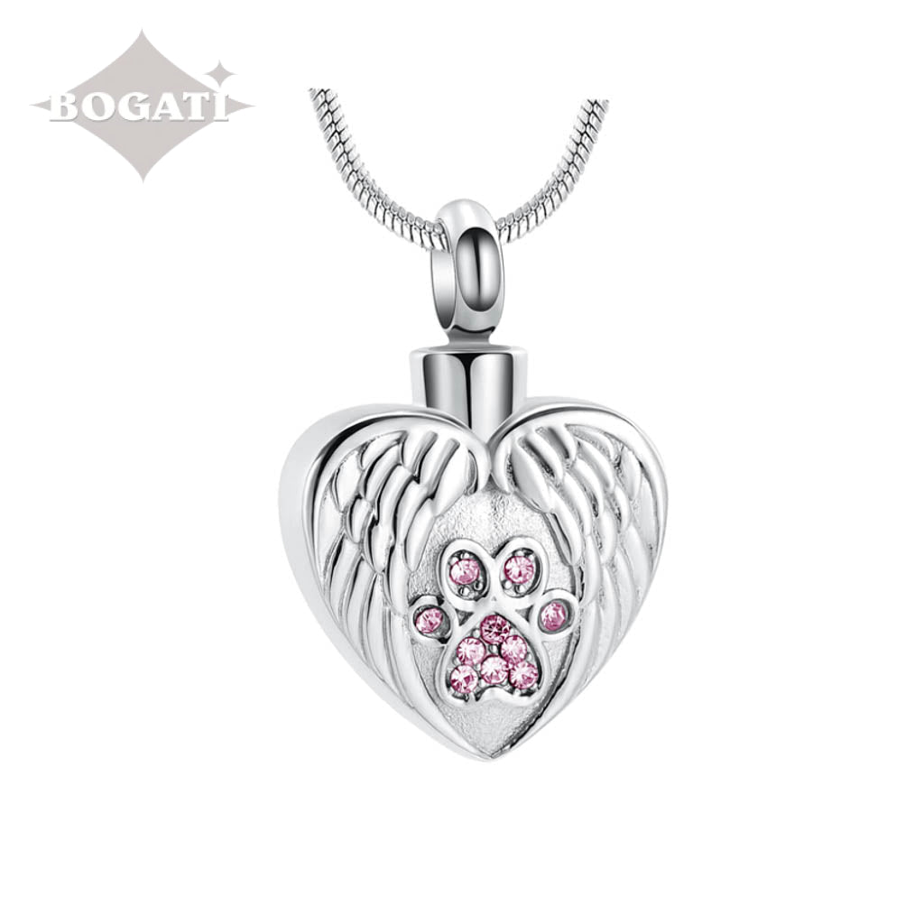 J-225 - Winged Heart with Paw Print - Pendant with Chain - Pink