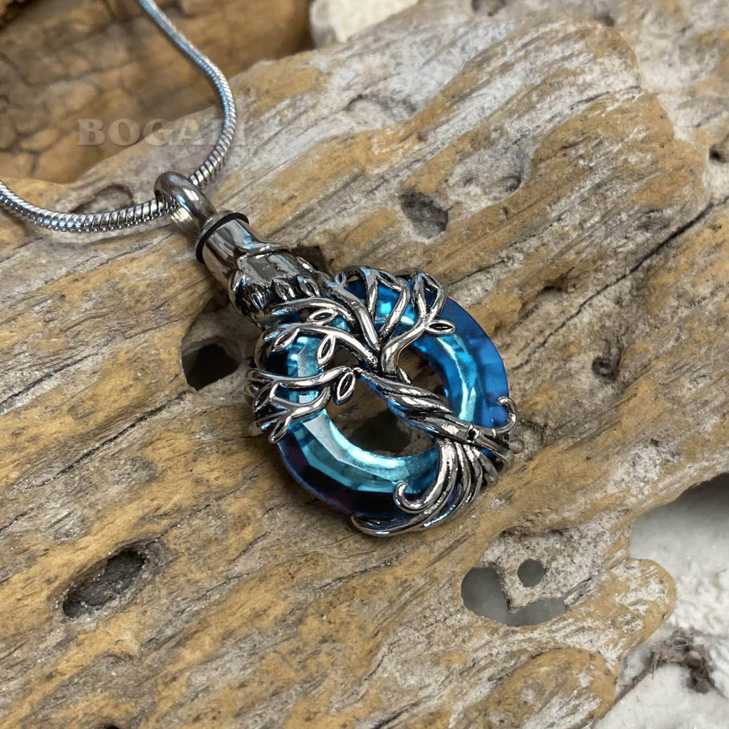 J-2510 - Iridescent Cut Glass Circle with Tree of Life - Pendant with Chain