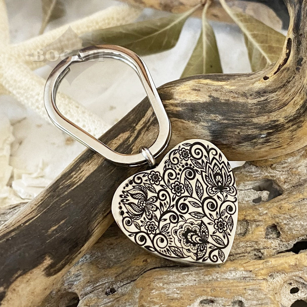 J-305B - Paisley Flowers Heart- Blank Back Keychain