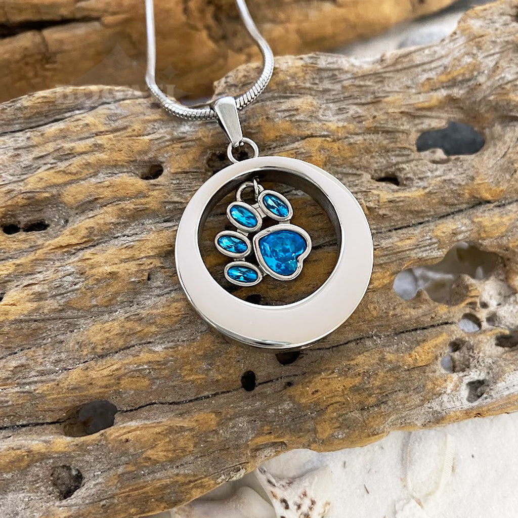 J-355 - Circle With Glass Paw Print Charm ~Pendant Chain