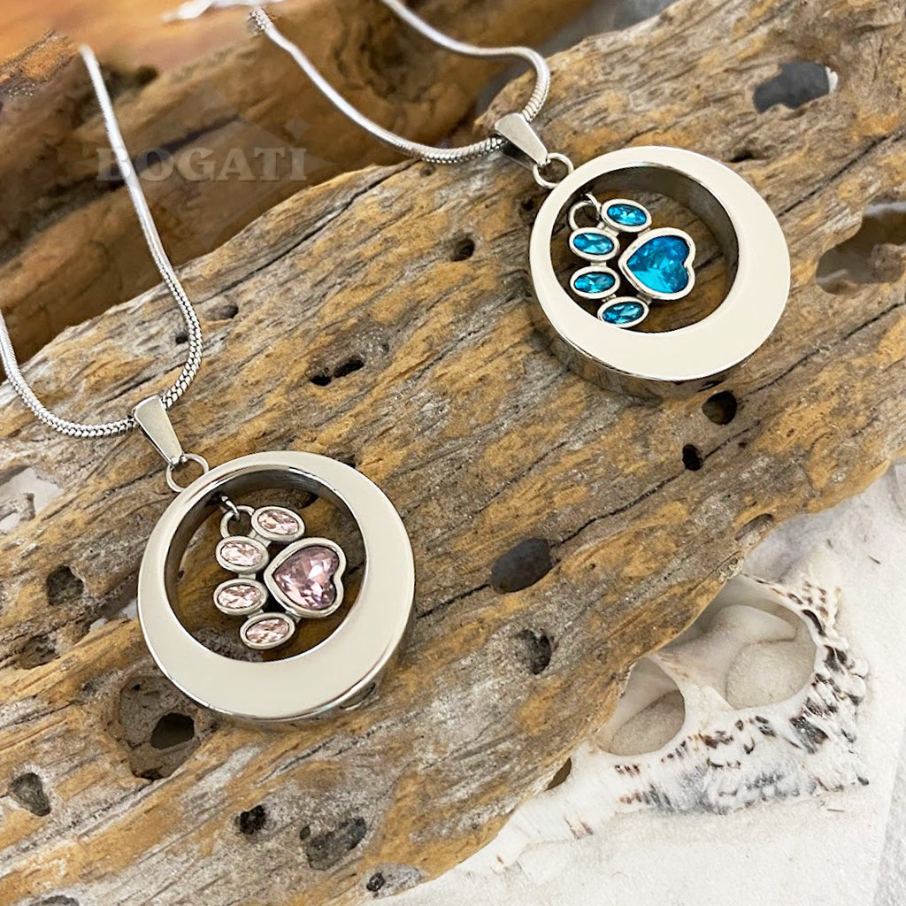 J-355 - Circle With Glass Paw Print Charm ~Pendant Chain
