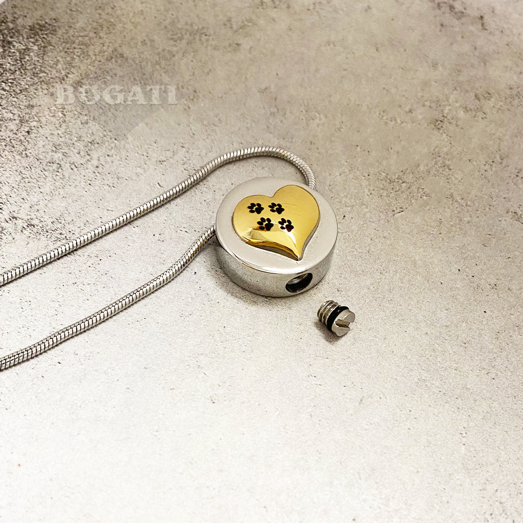 Silver circle with gold heart and pawprints - memorial Necklace - How it opens