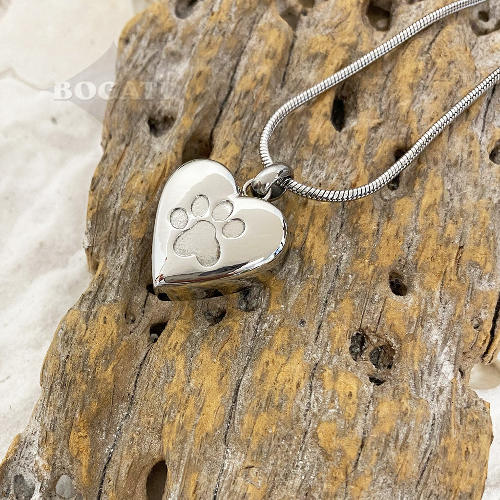 J-455 - Etched Paw Print Heart - Silver-tone - Pendant with Chain