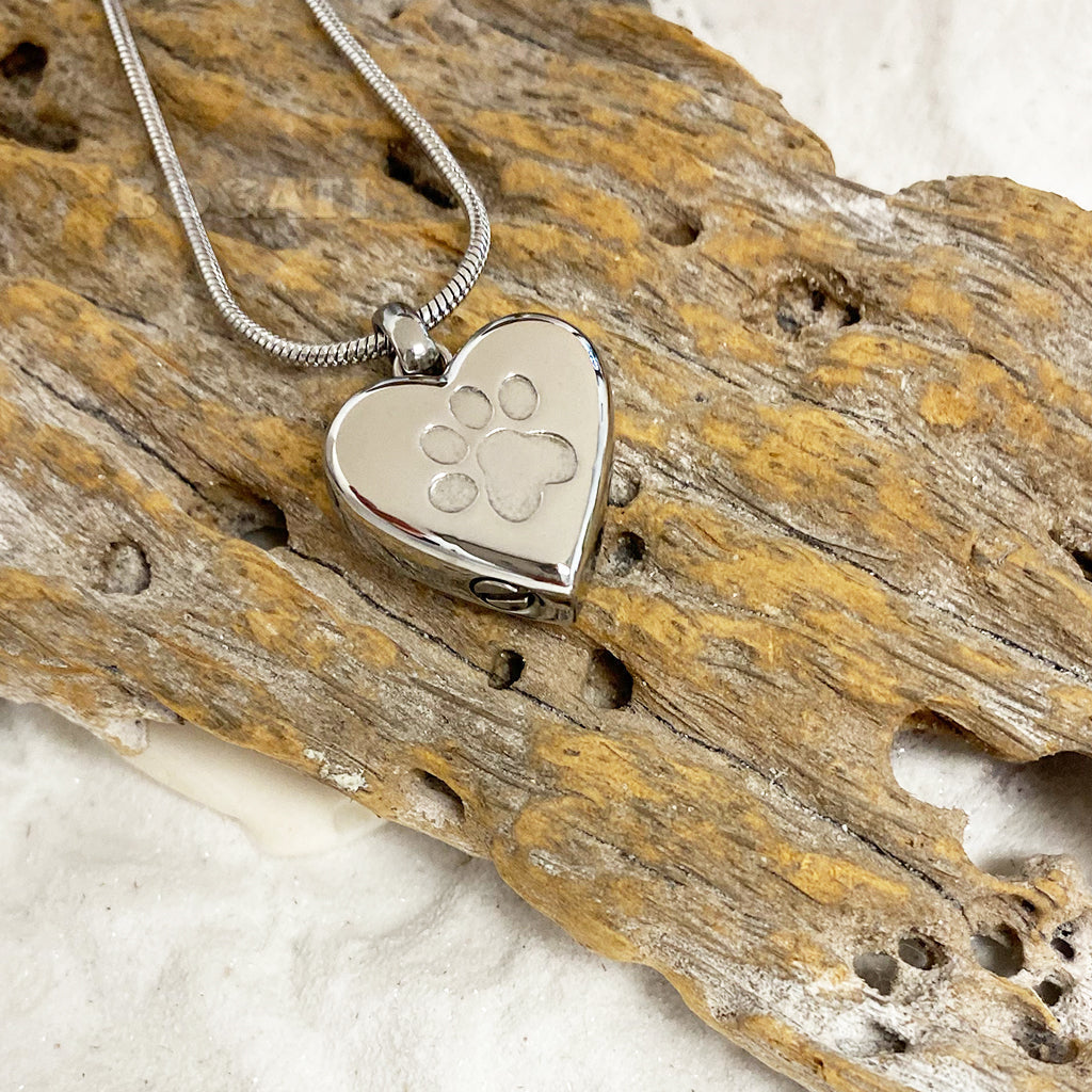 J-455 - Etched Paw Print Heart - Silver-tone - Pendant with Chain