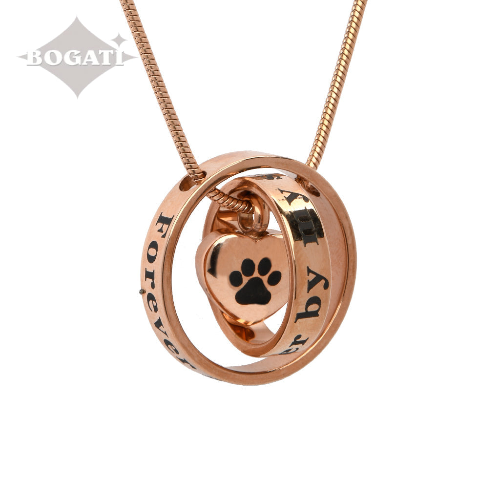 J-500 - Intertwining Rings with Heart-Paw Charm - Pendant with Chain - Rose Gold