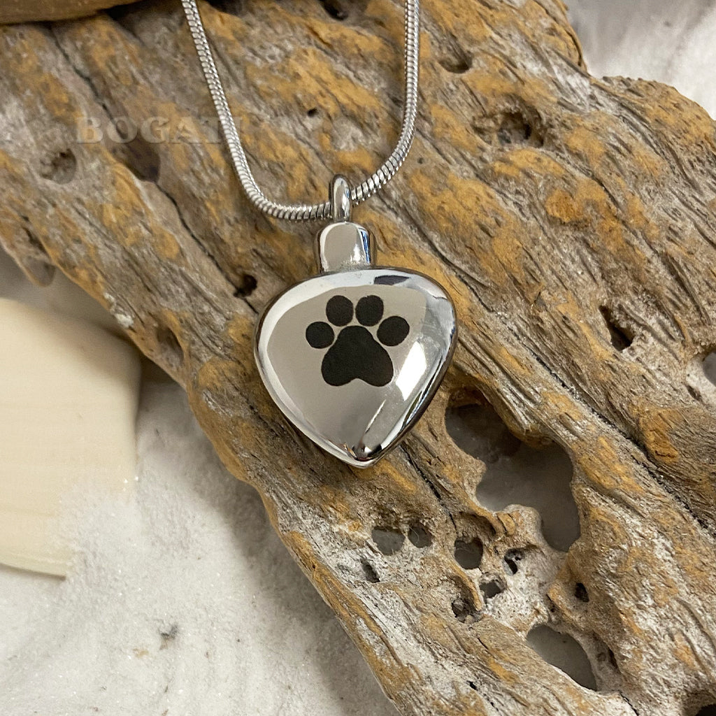 J-504 - Heart with Single Paw Print - Silver-tone - Pendant with Chain