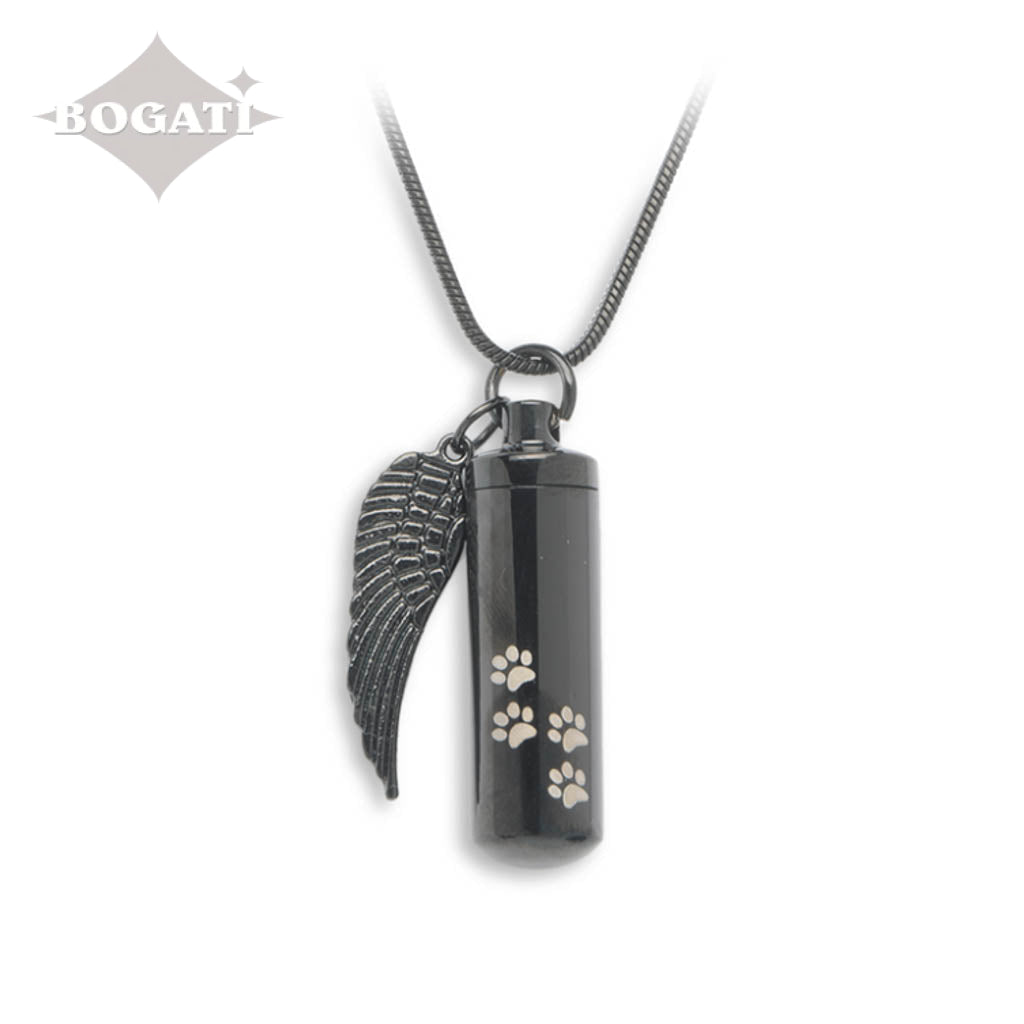 J-527 Cylinder with Paw Prints and Wing - Pendant with Chain - Black