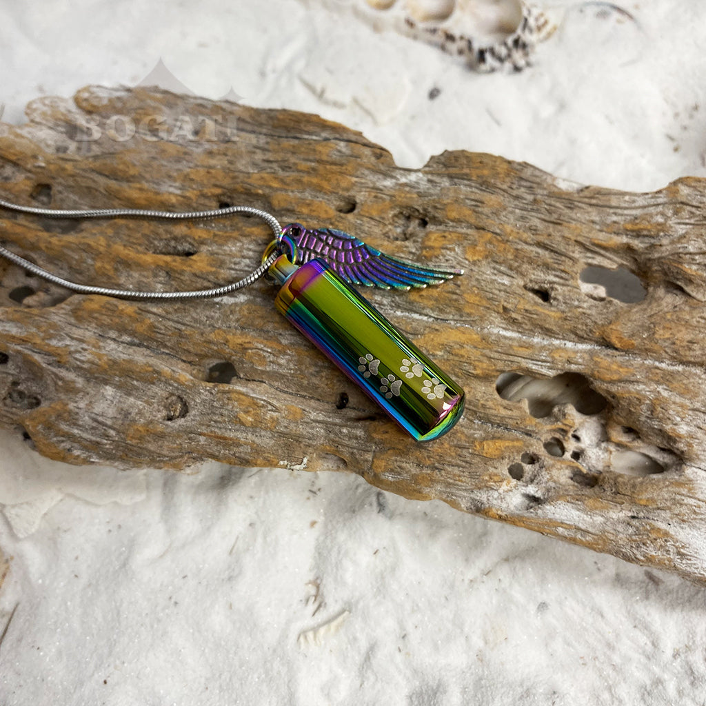 Rainbow colors cylinder with pawprints - Memorial Necklace - Bogati