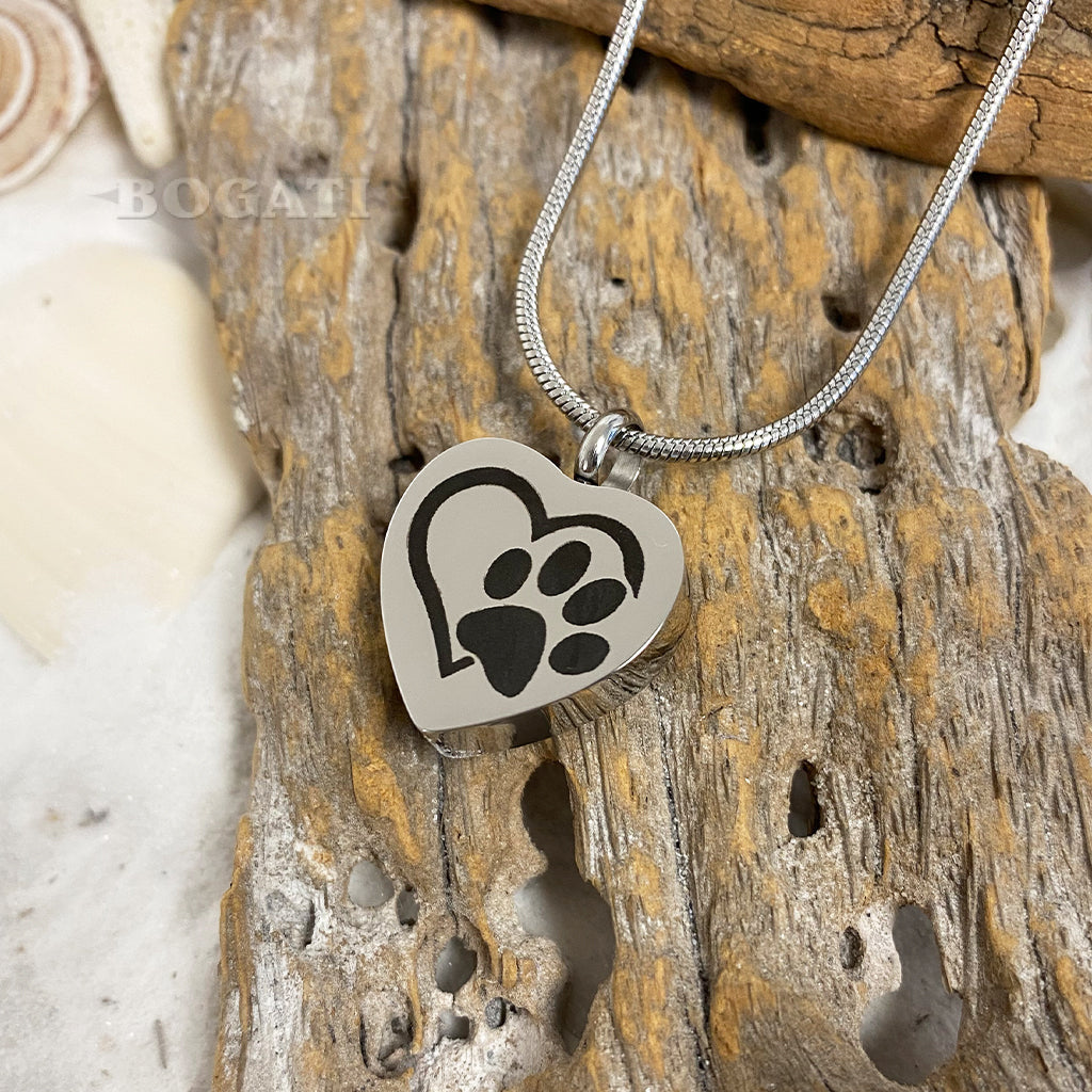 J-544 - Heart with Heart & Paw Print - Silver-tone - Pendant with Chain