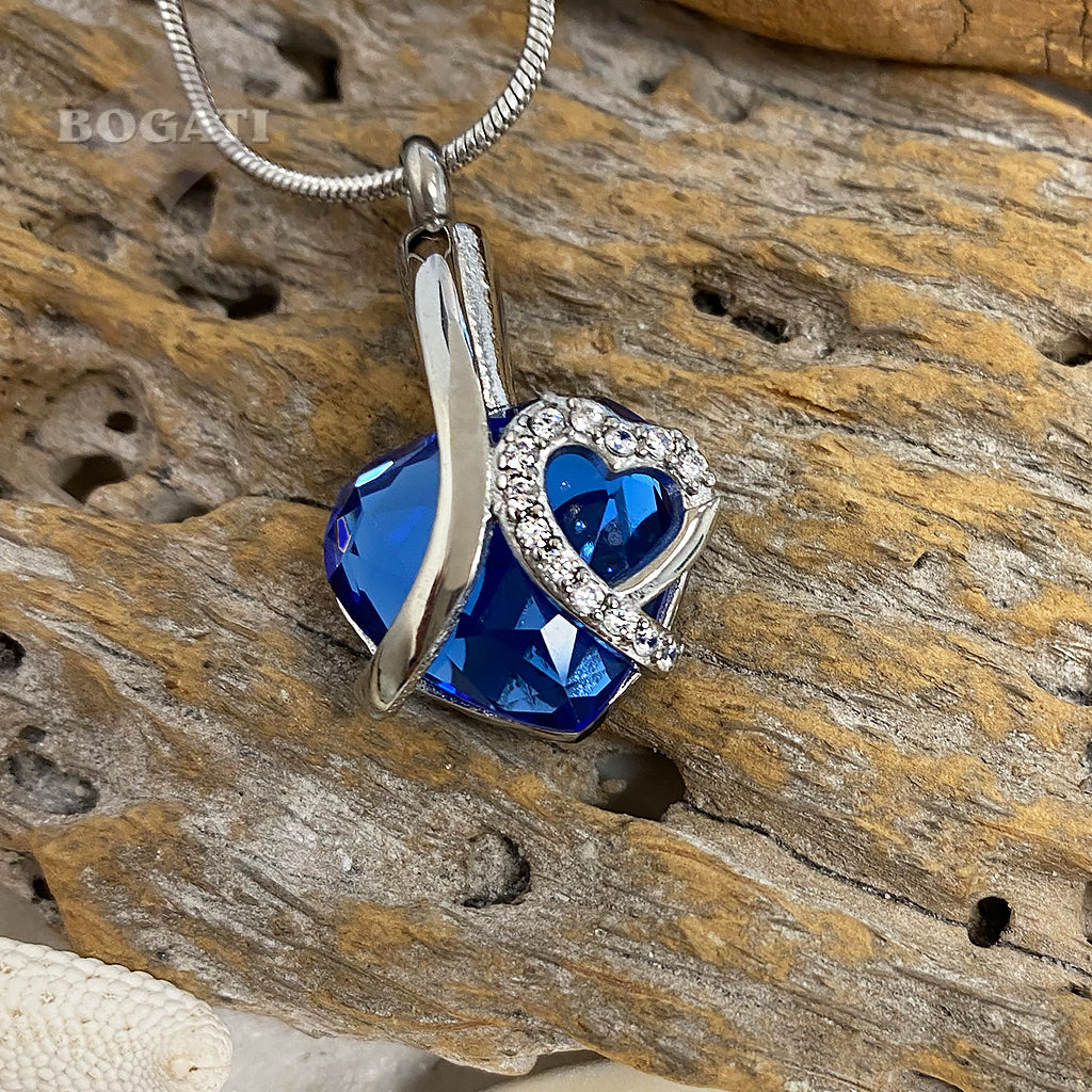 Blue Glass Heart with Rhinestones - Pendant with Chain
