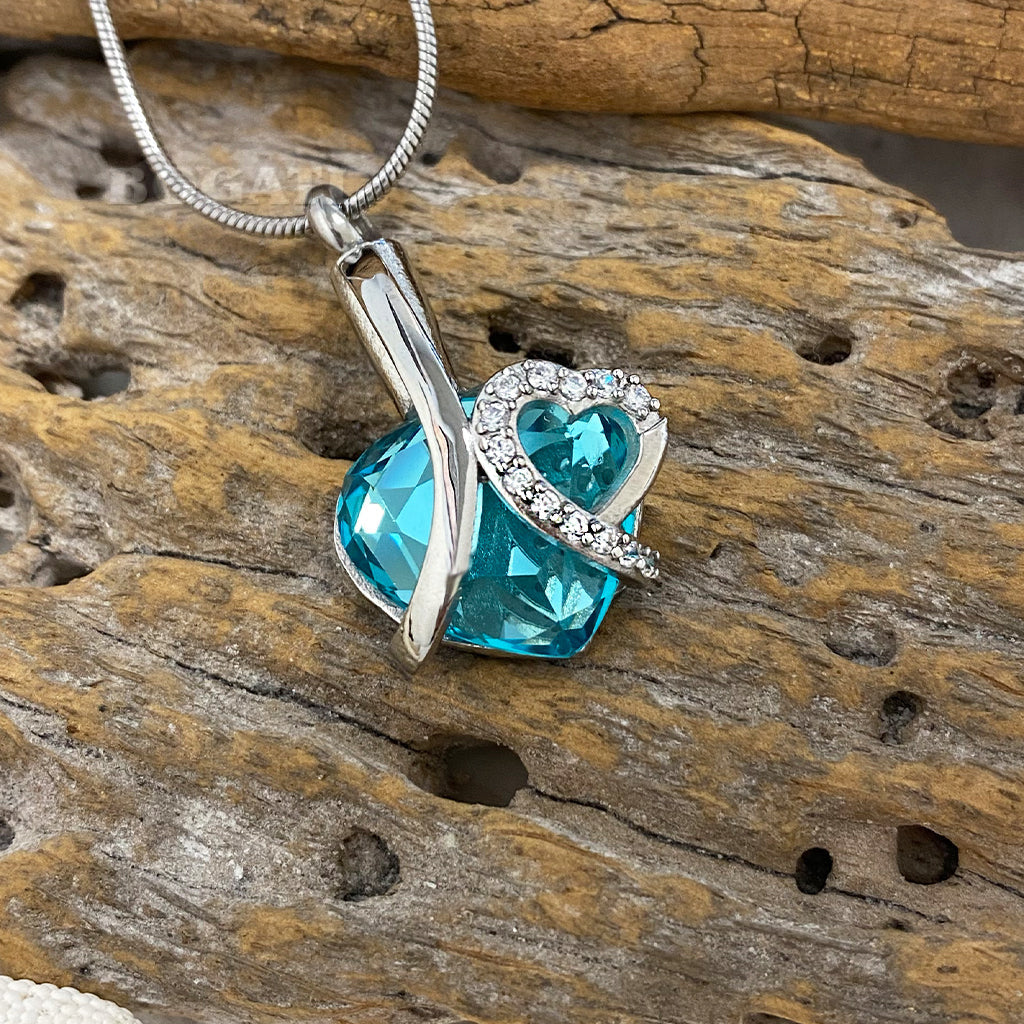 Teal Glass Heart with Rhinestones - Pendant with Chain