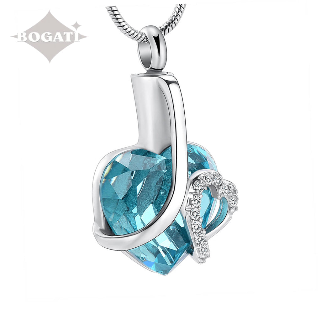 Teal Glass Heart with Rhinestones - Pendant with Chain