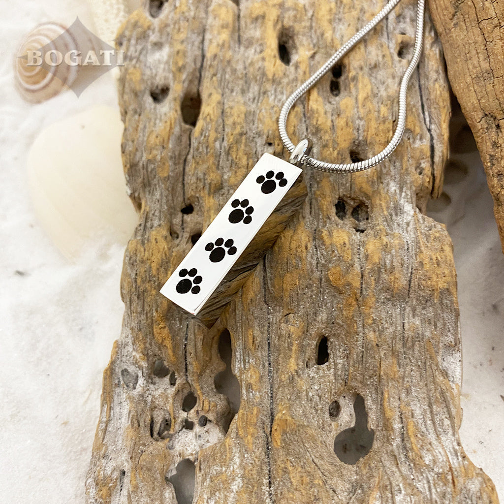 J-600 Bar with Four Paw Prints - Silver-tone - Pendant with Chain