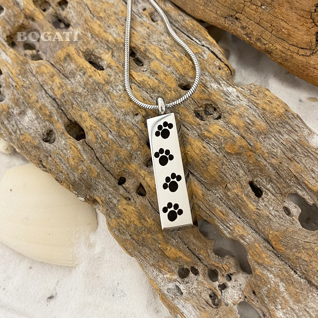 J-600 Bar with Four Paw Prints - Silver-tone - Pendant with Chain