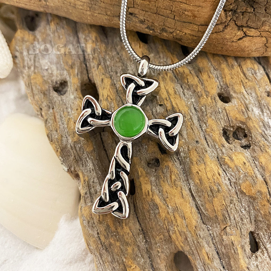 J-601 - Celtic Cross with Green Stone - Pendant with Chain