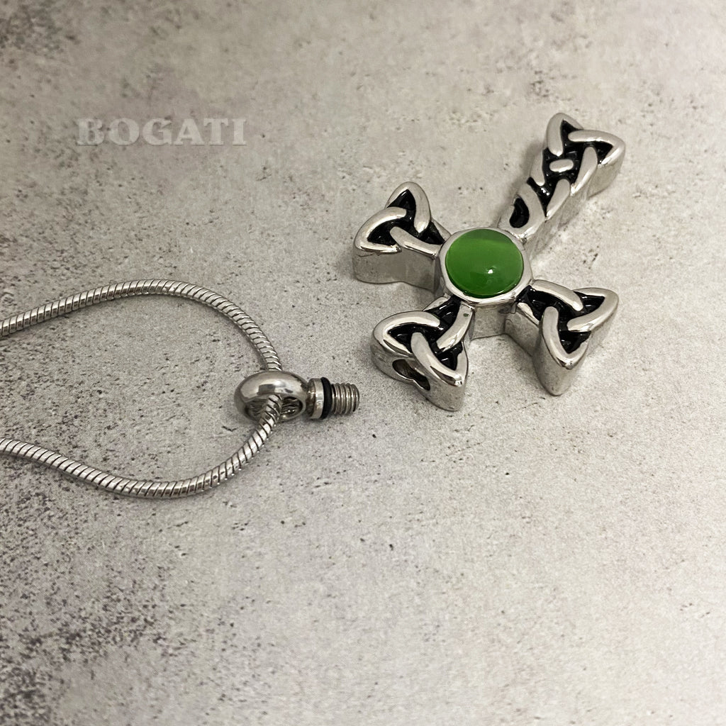 J-601 - Celtic Cross with Green Stone - Pendant with Chain