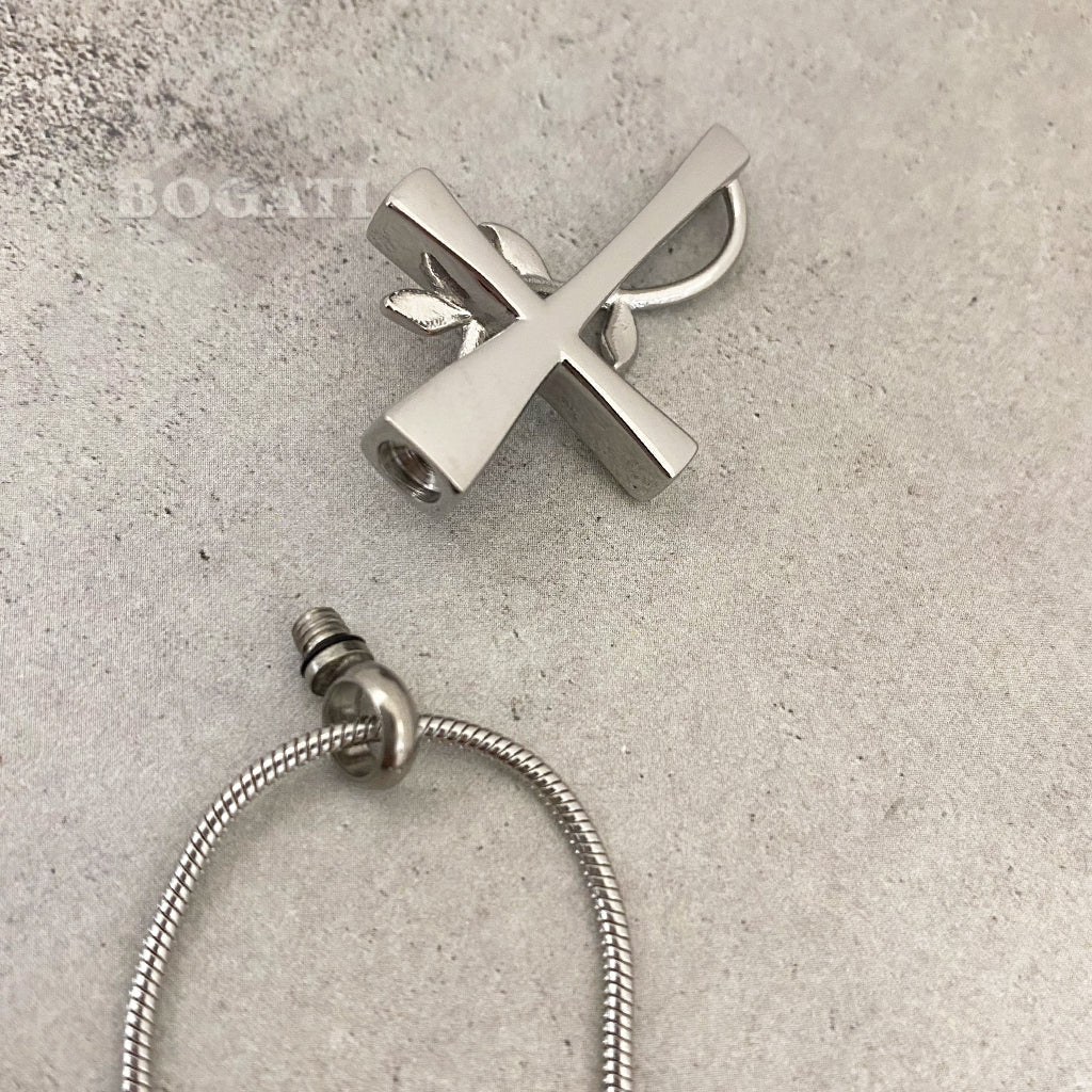 J-610 - Silver-tone Cross with Vine and Rose Flower in Rose Gold-tone - Pendant with Chain - open