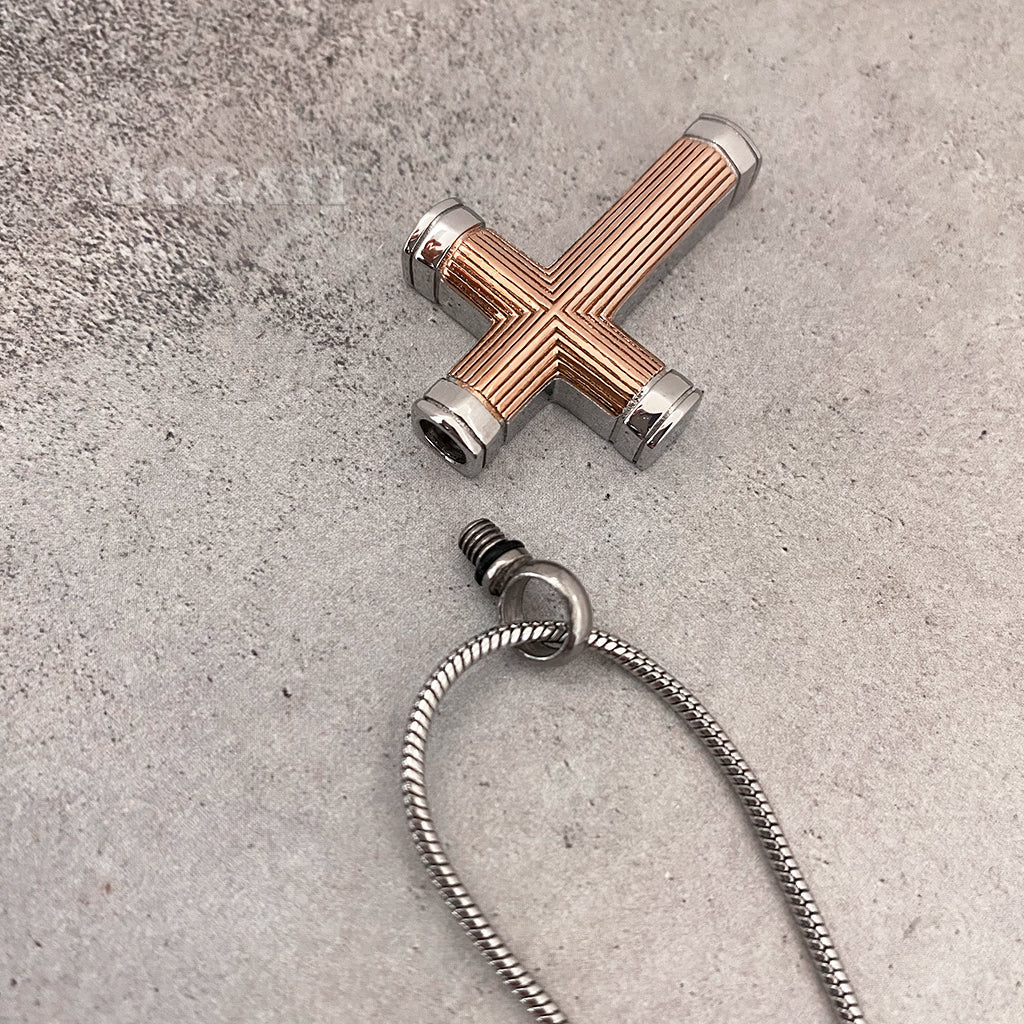 J-615 Straight lines etching Cross -Rose Gold & Silver tones - Pendant with Chain