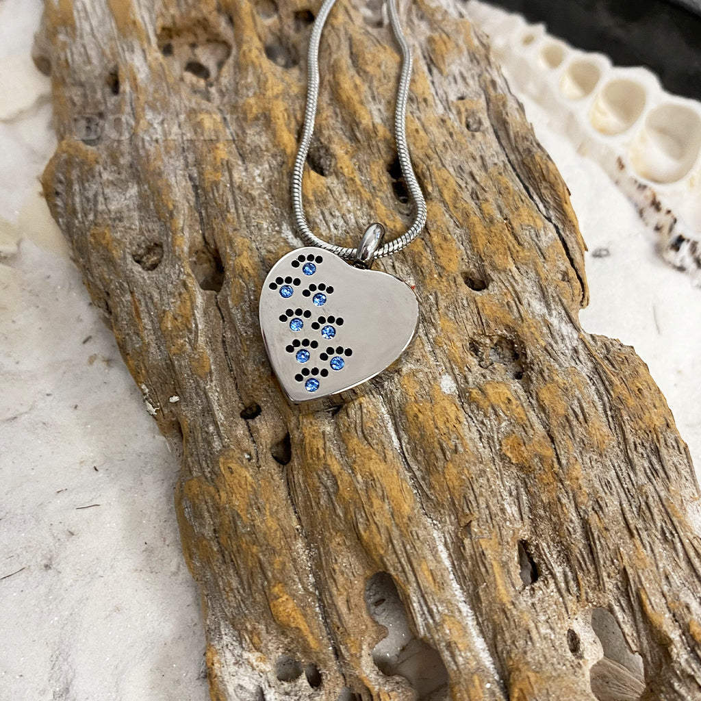 J-623 - Silver-tone Heart with Paw Print Rhinestones - Pendant with Chain