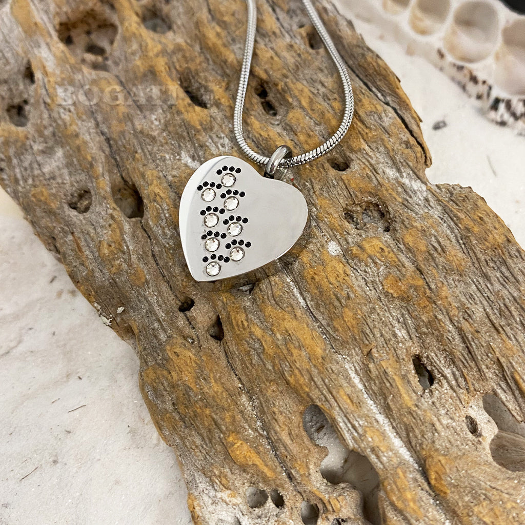 J-623 - Silver-tone Heart with Paw Print Rhinestones - Pendant with Chain