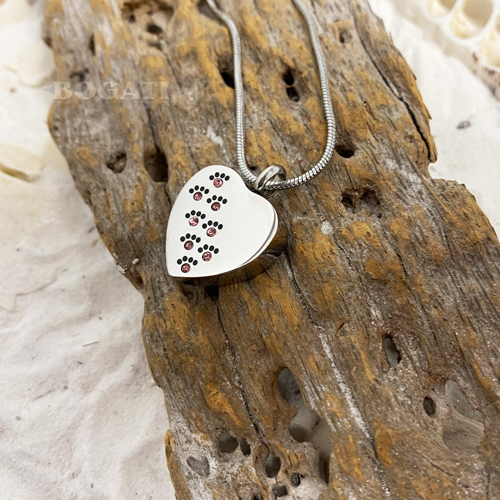 J-623 - Silver-tone Heart with Paw Print Rhinestones - Pendant with Chain